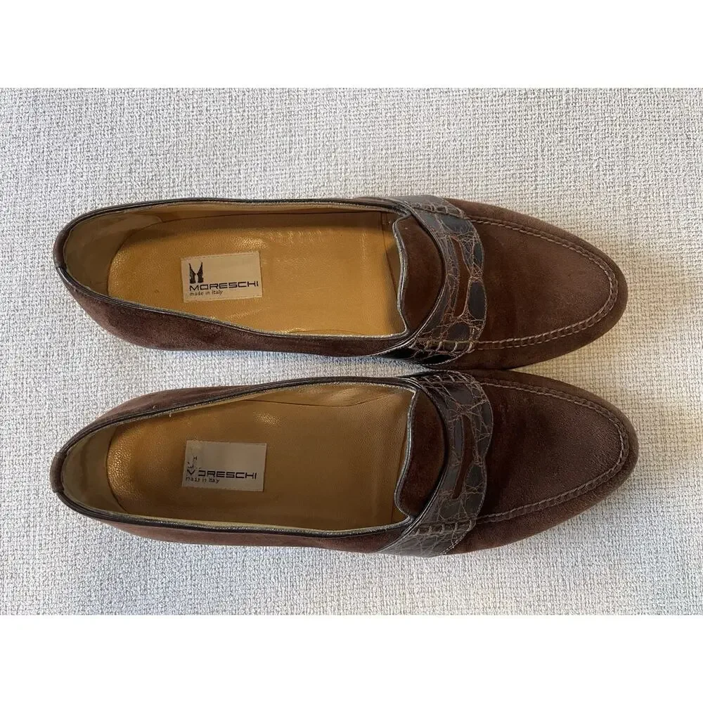 Moreschi Italy Men LoafersSz 8.5EU 9.5US Dark Brown Suede Genuine Crocodile Skin